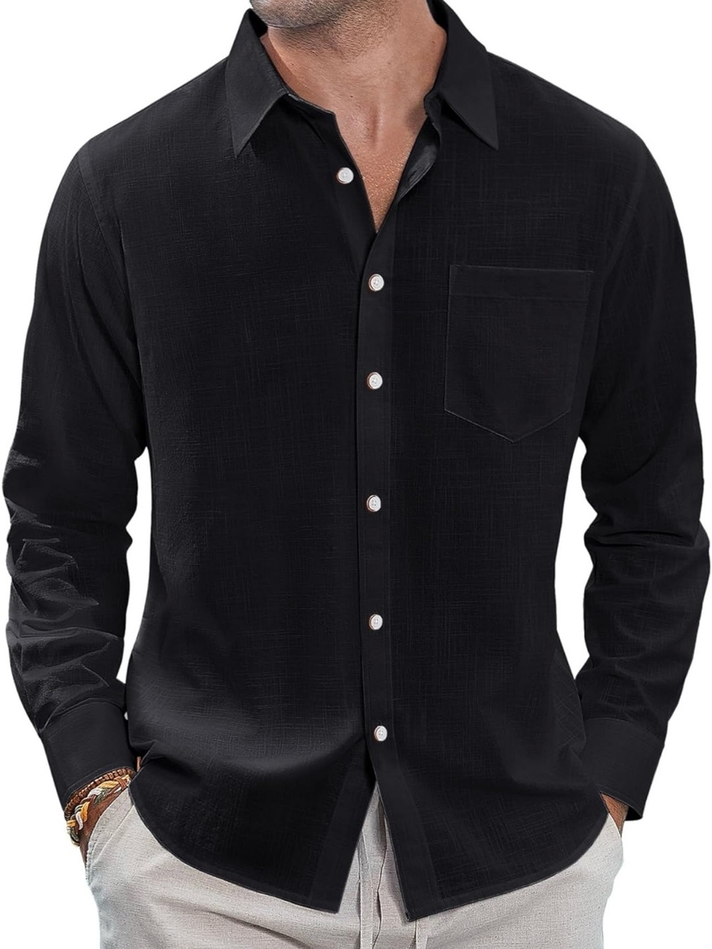 Men's Black Casual Button-Down Shirt - Classic Long Sleeve Linen Blend